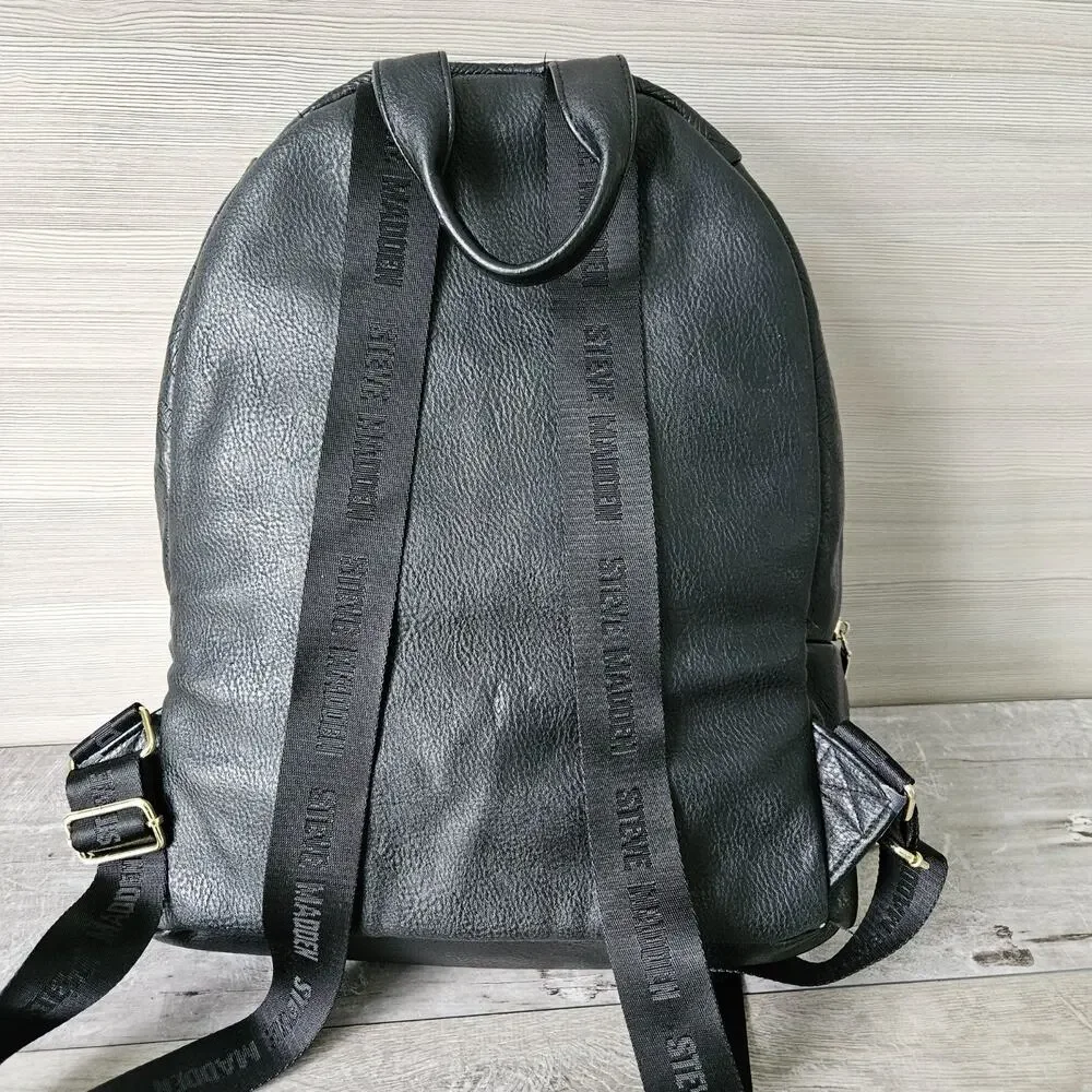 Steve Madden Black Backpack Bag Gold Zippers Logo Gym City Minimalist‎ FLAWS